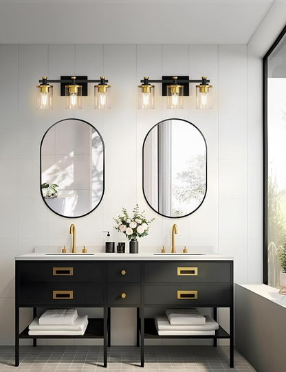 Bathroom Light Fixture, Bathroom Vanity Light Over Mirror, 3-Lights | Vanity Lights for Bathroom, Modern Lighting Fixtures with Clear Glass Shade, Black and Gold Vanity Lights, ETL Listed