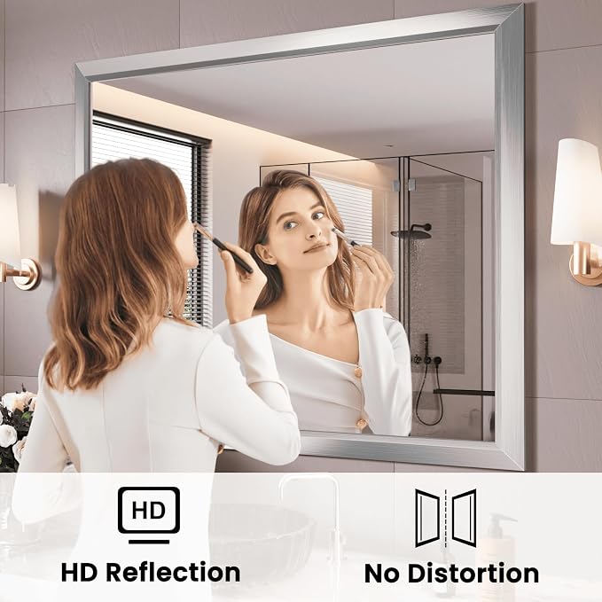 Bathroom Mirror for Wall, 40x38 Inch (Brushed Silver) | HD Reflection, Tempered Glass, Thick Metal Framed Rectangle Mirrors for Over Sink, Bedroom, Living Room, Entryway, Anti-Rust.