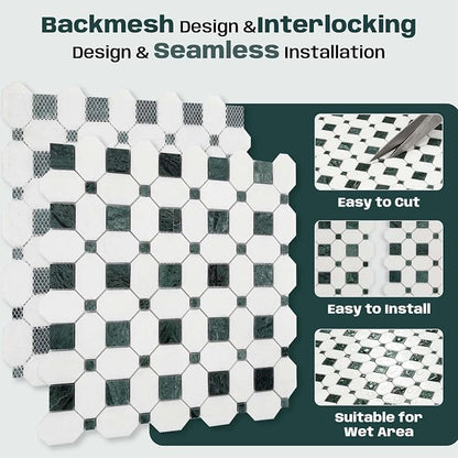 2 Inch Long Octagon Marble Mosaic Tile for Wall Floor, 5 Sheets | Water & Heat Resistant Polished Marble Backsplash Tiles for Kitchen Bathroom Fireplace Durable, Thassos+Medium Green, 5SQFT