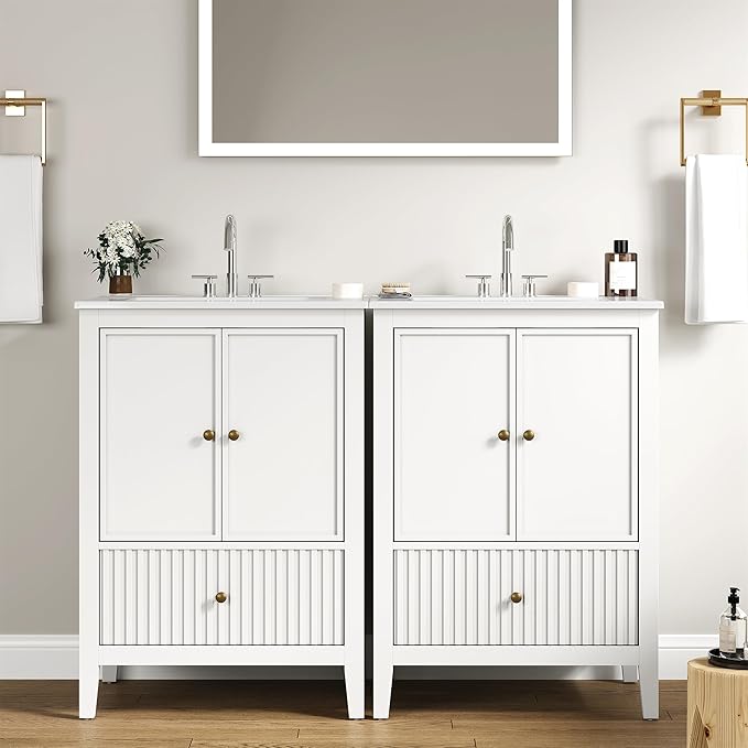 RoyalCraft 24'' Bathroom Vanity with Ceramic Sink Combo Set, Modern Wood Bathroom Cabinet with Soft Closing Doors and Fluted Drawer, Free Standing Storage Cabinet, White