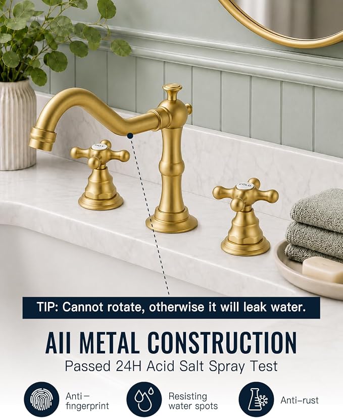 gotonovo Bathroom Faucet 3 Hole Vintage, Brushed Gold, Hot Cold Label | Widespread Bathroom Sink Faucet 8 Inch 2 Cross Handles,Pop Up Drain,cUPC Supply Line,4-15.7” Install,for Vanity Farmhouse RV