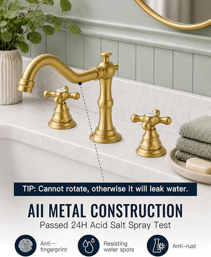 gotonovo Bathroom Faucet 3 Hole Vintage, Brushed Gold, Hot Cold Label | Widespread Bathroom Sink Faucet 8 Inch 2 Cross Handles,Pop Up Drain,cUPC Supply Line,4-15.7” Install,for Vanity Farmhouse RV