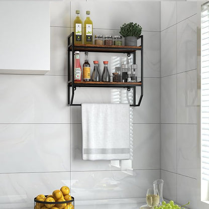 GOFLAME 2-Tier Industrial Bathroom Shelves with Towel Bar, Over the Toilet Shelf Wall Mounted with Metal Frame, Wall Storage Organizer Shelf for Bathroom, Living Room, Kitchen, Rustic Brown