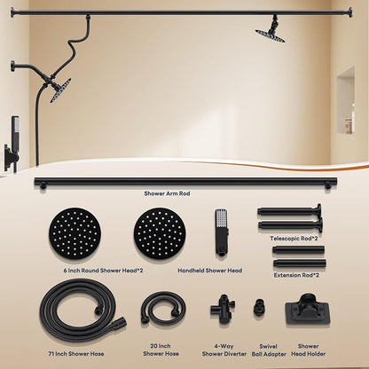 Dual Shower Head for Couples with 6-Mode Diverter, Matte Black | 304 Stainless Steel, Adjustable High Pressure Double Shower Head, Couples Gift, Renter-Friendly, Fits 53"-74" Wide Bathrooms