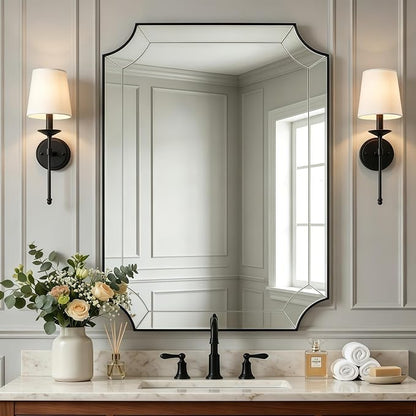 Black Scalloped Mirror, 22x30 Inch Mirror with Notched Corner | 1" Rustproof Stainless Steel Metal Frame, Minuette Glass Design, Shatterproof HD Glass, Ideal for Limited Space
