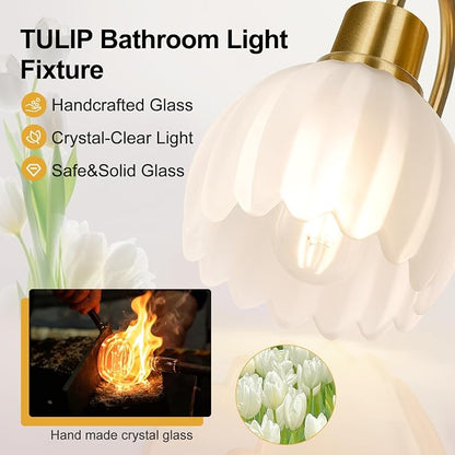 2-Light Bathroom Vanity Light, Brushed Gold Bathroom Light Fixtures with Ribbed Frosted Clear Tulip Glass Shades, Vanity Light Fixtures Over Mirror for Bedroom, Living Room, Hallway