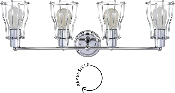 JONATHAN Y 29.5" Chrome Modern Industrial Metal Vanity Light, Bathroom Sconce for Mirror, Reversible 4-Light Wall Lamp with Metal Cage Shade for Hallway, LED Bulb Included (JYL7418A)
