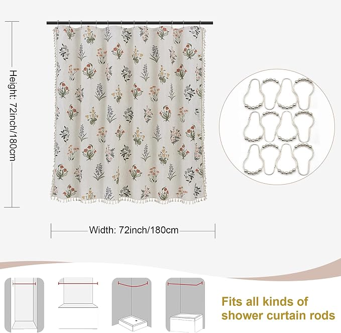 ORTIGIA Linen Textured Shower Curtain with Tassels,Vintage Floral Boho Cottagecore Waterproof Bath Curtain Metal Hooks for Rustic Farmhouse Bathroom Decor 72x72 Inch