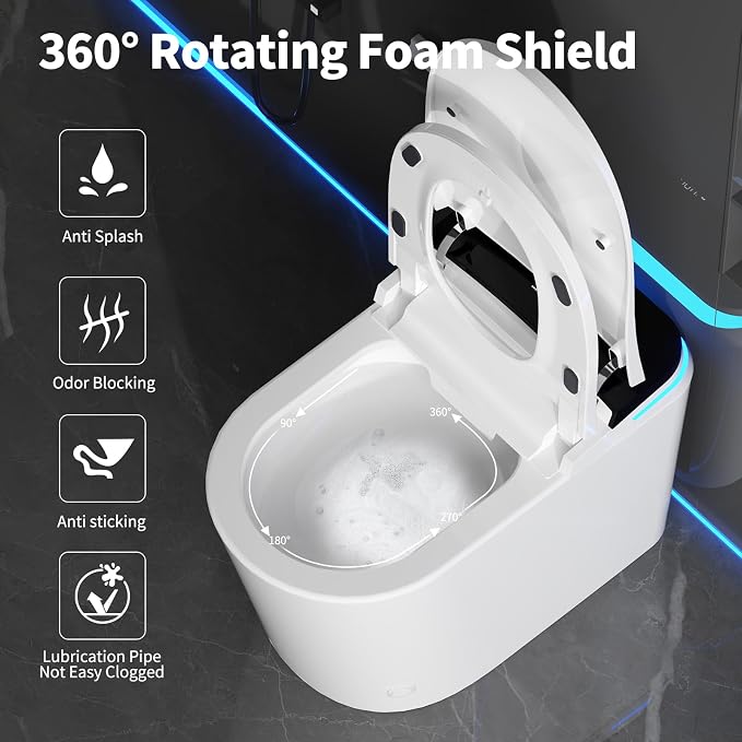 Smart Toilet with Bidet Built in, 360° Siphon Auto Flush & Automatic Lid, One Piece Toilet for Bathrooms with LED Display, Heated Seat, Warm Water, Dryer, Foam Shield, Night Light, 12" Rough-in