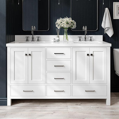 ARIEL Cambridge 60-inch Bathroom Vanity with Sink,Solid Wood, 1.5-inch Pure White Quartz Countertop & Backsplash, Double Rectangular Porcelain Sink, 4 Soft Closing Doors, 6 Dovetail Drawers, White