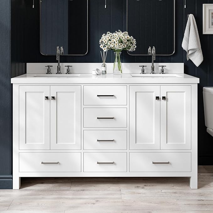 ARIEL Cambridge 60-inch Bathroom Vanity with Sink,Solid Wood, 1.5-inch Pure White Quartz Countertop & Backsplash, Double Rectangular Porcelain Sink, 4 Soft Closing Doors, 6 Dovetail Drawers, White