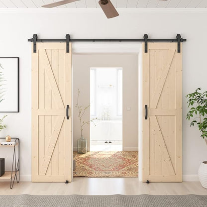 SmartStandard 32in x 80in Sliding Barn Wood Door Pre-Drilled Ready to Assemble, DIY Unfinished Solid Spruce Wood Panelled Slab, Interior Single Door Only, Natural, K-Frame (Fit 6FT Rail) | Pre-Drilled Ready to Assemble, DIY Unfinished Solid Spruce Wood...