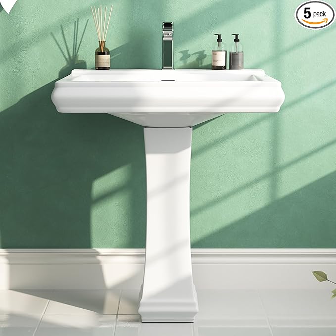 DeerValley Apex 26x20 Inch White Pedestal Sink, Ceramic Pedestal Bathroom Sink with Single Faucet Hole and Overflow, DV-1P52101