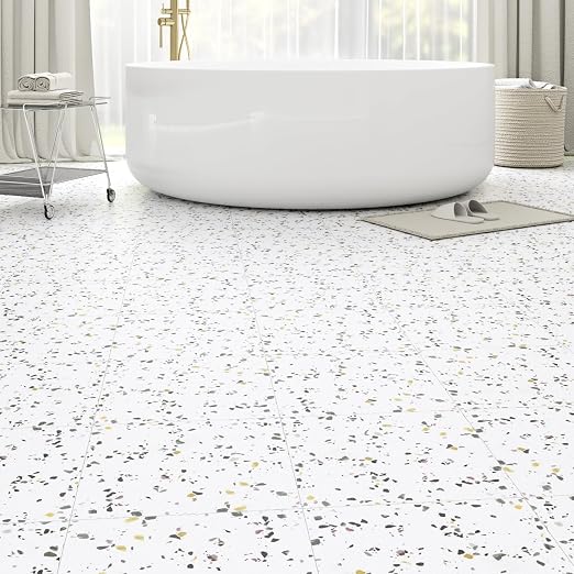 40-Pack 40 Sq.Ft Peel and Stick Floor Tiles Vinyl Matte Pattern Flooring, 12” x 12” Self Adhesive Vinyl Flooring DIY for Kitchen, Bathroom, Laundry, White Terrazzo Marble