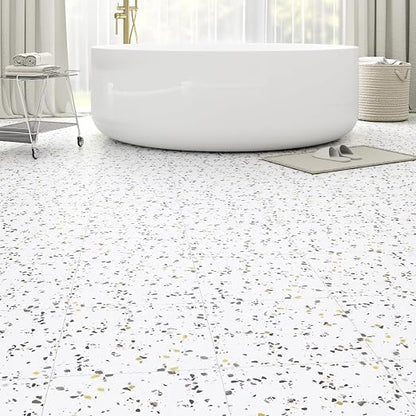40-Pack 40 Sq.Ft Peel and Stick Floor Tiles Vinyl Matte Pattern Flooring, 12” x 12” Self Adhesive Vinyl Flooring DIY for Kitchen, Bathroom, Laundry, White Terrazzo Marble
