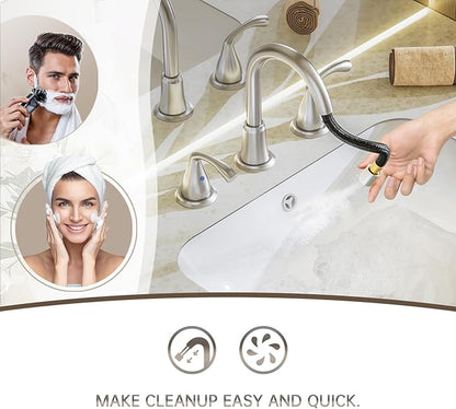 Phiestina 8 Inch Brushed Nickel Antique Rotatable Widespread Bathroom Faucet - Pull-Out Sprayer, Metal Pop-Up Drain, Water Supply Lines, 2 Handles for 3-Hole Sinks,WFJC180CL-BN