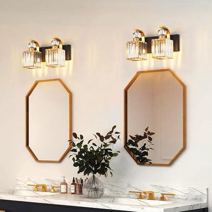 Modern Bathroom Vanity Light, 2-Light Black Gold Bathroom Lighting Fixtures Over Mirror, 12.6" Crystal Wall Light Sconce for Bathroom/Bedroom/Vanity, Includes LED Bulbs, Easy Installation