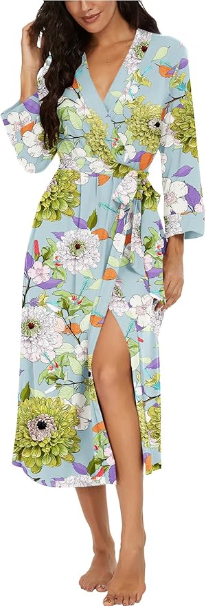 VINTATRE Women Kimono Robes Long Knit Bathrobe Lightweight Soft Knit Sleepwear V-neck Casual Ladies Loungewear