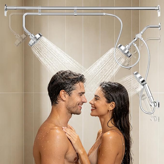 Dual Shower Head with Extra Handheld Sprayer for Couples & Families | 3 Shower Heads & 9 Spray Modes, High Pressure Tandem Shower, 180° Adjustable, Simultaneous Use, Easy Install