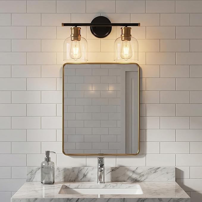 Modern Wall Sconce Lights 2 Lights Matte Black Bathroom Lighting with Clear Glass Shades Antique Brass Vintage Vanity Light Fixtures