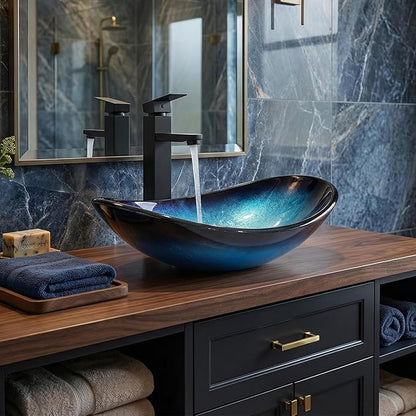 Bathroom Boat Shape Artistic Glass Vessel Sink Free Black Faucet and Pop-up Drain Set, Blue