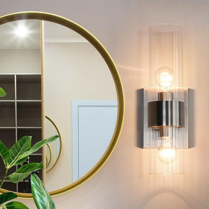 Modern Bathroom Sconces Wall Lighting with Clear Ribbed Glass, Brushed Nickel 2-Light Bathroom Vanity Light Fixtures for Mirror Living Room Hallway Bedroom