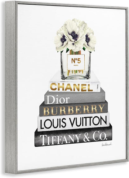 Stupell Industries Blooming White Floral Display on Glam Designer Bookstack Wall Art, 11 x 14, Gray Framed | Stupell Industries | Gray, 11 x 14 Inches, Easy to Hang and Sturdy, Made in USA, by Amanda Greenwood