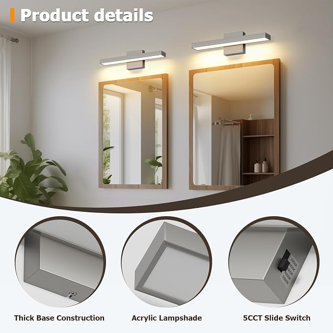 Modern Brushed Nickel Vanity Light 5CCT Dimmable Bathroom Wall Light | Vanity Light for Bathroom Over Mirror 16.53 inch Bath Vanity Lights Bar
