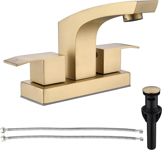 Gold Bathroom Sink Faucet Centerset, Stainless Steel Brushed Gold Faucet for Bathroom Sink with Pop Up Drain Assembly and cUPC Supply Lines, 4 in Center Set 2 Handle Bathroom Faucet Matte Gold