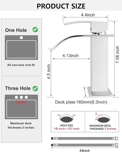 Midanya Waterfall Spout Bathroom Faucet Single Handle 1 Hole Bathroom Sink Faucet,Modern RV Lavatory Vanity Basin Tap with Water Hose,No Drain,Short Body,Polish Chrome