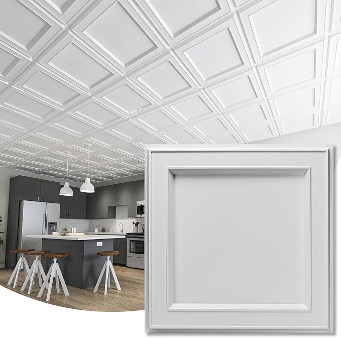 WOWSTAR 12-Pack 24"x24" Drop Ceiling Tiles, Waterproof Glue up Ceiling Panels, Modern Style 3D Wall Panels, White | PVC ceiling panels, 24"x24", waterproof, glue-up install, basement kitchen bathroom, 12-pack, set D