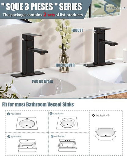 Bathroom Sink Faucet-2 Sets, Oil Rubbed Bronze Bathroom Faucet with Pop-up Drain and 6 Inch Deck Plate, Single Handle for Modern Farmhouse RV Sink (2 Holes)