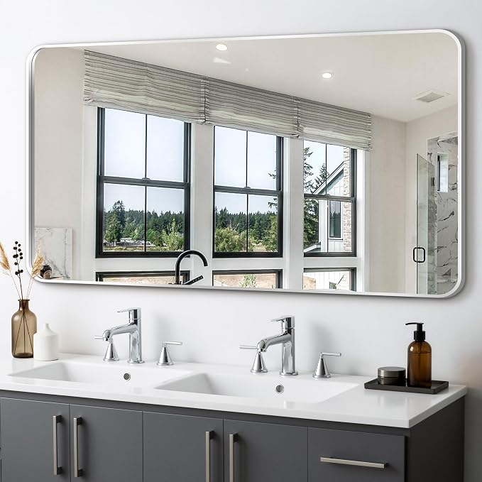 Bathroom Vanity Mirror, Silver Framed Mirror for Over Sink, 50x30 | HD glass, distortion-free for makeup and grooming, Sturdy frame, all mounting hardware, hangs horizontal or vertical