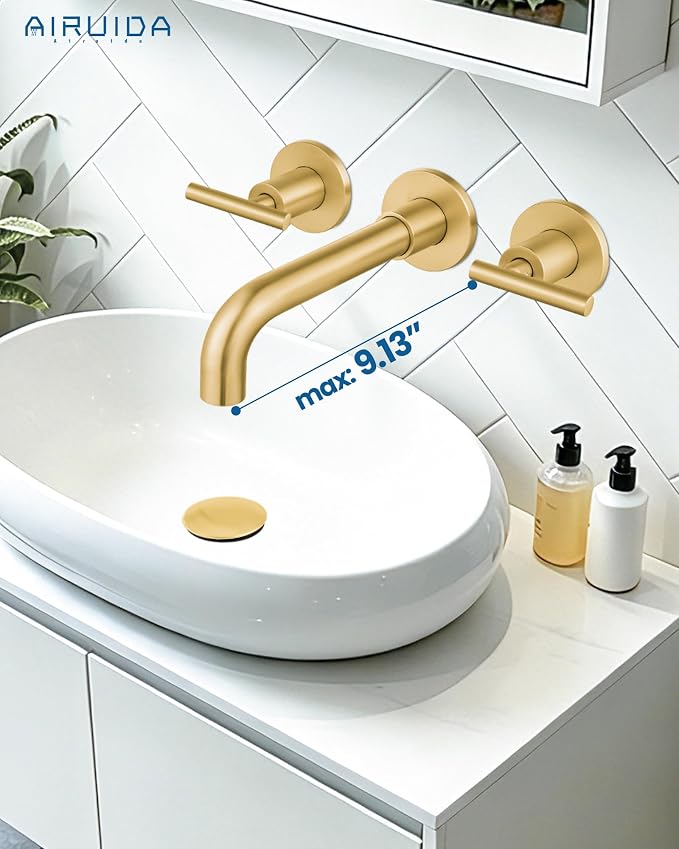 Airuida Wall Mounted Bathroom Sink Faucet,Brushed Gold Vanity Sink Faucet | Lever Handle,3 Holes,360° Widespread Swivel Spout,Rotatable Bathroom Faucet