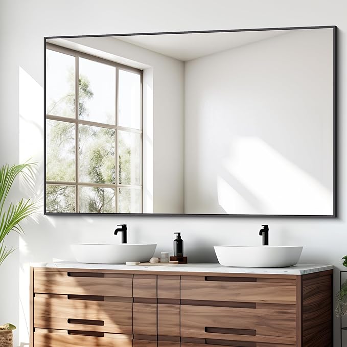 BONEWEI Bathroom Mirror,55x36 inch Large Wall Mirror for Bathroom Wall Mounted Black Rectangle Corner Mirrors,Black Bathroom Mirror for Living Room,Farmhouse,Bedroom Entryway,Horizontal/Vertical