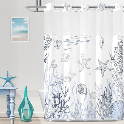 Extra Long No Hook Shower Curtain with Snap in Liner, Beach Ocean Nautical Coastal Shower Curtains and Liner Set for Bathroom, Seashell Fabric Bath Curtain, Waterproof Washable, Grey 71"x84"