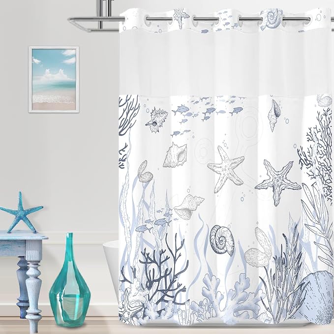 No Hook Shower Curtain and Liner Set, Grey Beach Coastal 71x74 | Nautical Ocean for Bathroom, with Snap in Liner Replacement, Mesh Top Window, Waterproof, Machine Washable, Quick-Drying