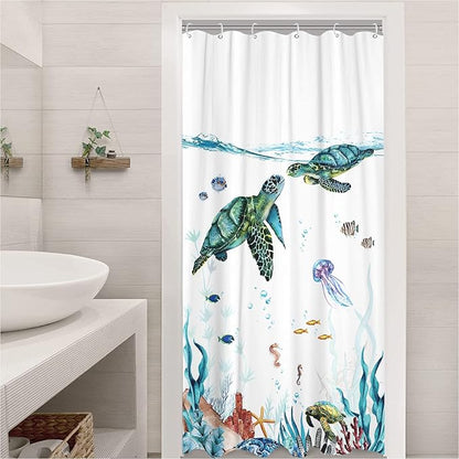 Fowocu Sea Turtle Stall Shower Curtain Teal Blue Ocean Waterproof Fabric Shower Curtains for Bathroom with Funny Animal Octopus Starfish Anchor Fish Nautical Bath Curtain Decor (Teal, 36''×72'')