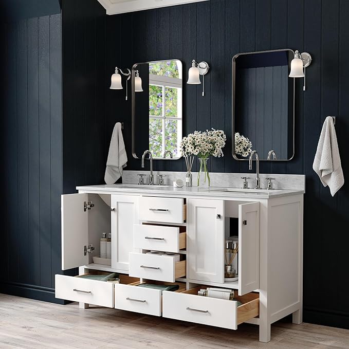 ARIEL Cambridge 60-inch Bathroom Vanity with Sink,Solid Wood, 0.75-inch Italian Carrara Marble Countertop, Double Rectangular Porcelain Sink, 4 Soft Closing Doors, 6 Dovetail Drawers, White