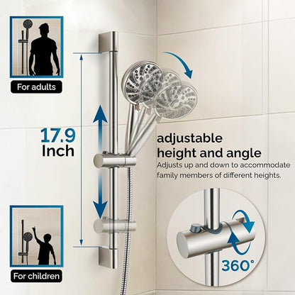 gotonovo Slide Bar Shower System Faucet Set Complete,Brushed Nickel,10 Inch | Rain Round Shower Head with 6-Modes Handheld Spray,Valve and Trim Kit Included,Bathroom Wall Mount,All Metal,2-In-1 Diverter