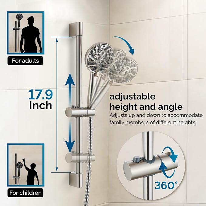gotonovo Slide Bar Shower System Faucet Set Complete,Brushed Nickel,12 Inch | Rain Round Shower Head with 6-Modes Handheld Spray,Valve and Trim Kit Included,Bathroom Wall Mount,All Metal,2-In-1 Diverter
