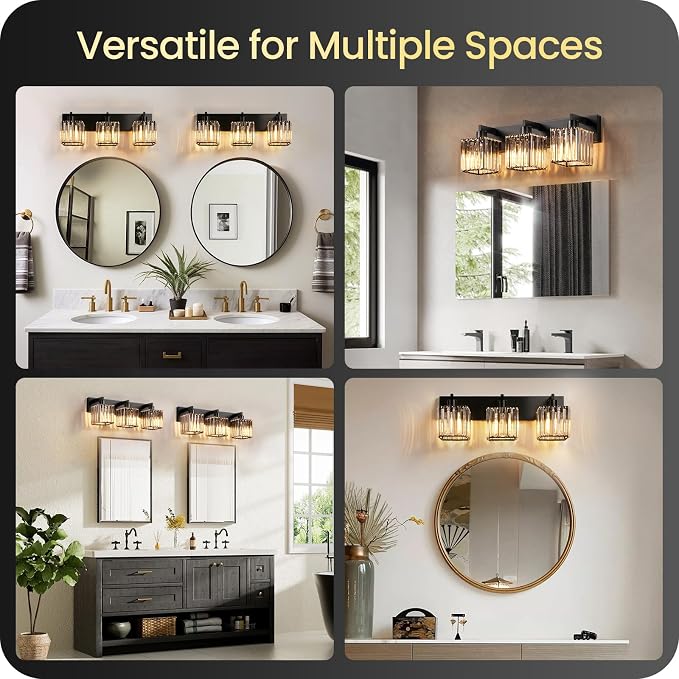 Modern Crystal Vanity Light, 3-Light Bathroom Light Fixture, 22" Square Vanity Lighting Fixture, E26 Base, Bulbs Not Included, for Bathroom,Vanity Light Over Mirror, Hallway,Black B06BD05W1