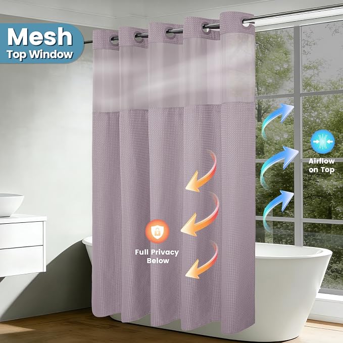 EUTXL Heavyweight Lavender No Hook Shower Curtain with Snap in Liner,256GSM Waffle Weave Shower Curtains for Bathroom,71W x 74H