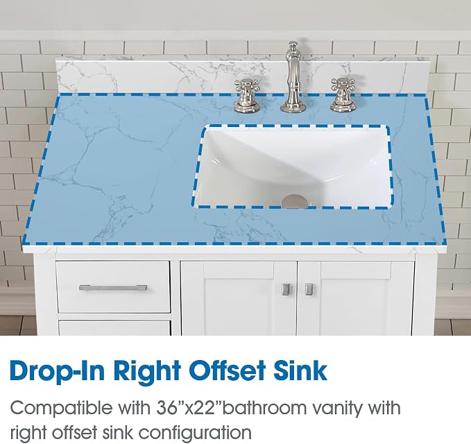 36 Inch Engineered Stone Bathroom Vanity Sink Top, with Undermount Rectangular Right Side Sink, Vanity Countertop with 8 inch Faucet Hole Spacing and Backsplash in Lightning White