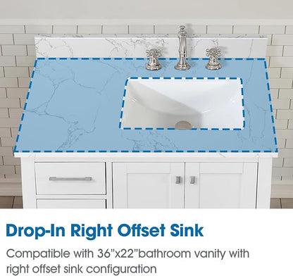 36 Inch Engineered Stone Bathroom Vanity Sink Top, with Undermount Rectangular Right Side Sink, Vanity Countertop with 8 inch Faucet Hole Spacing and Backsplash in Lightning White