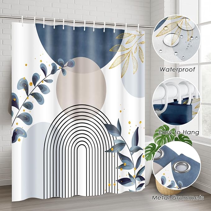 Bathroom Sets with Shower Curtain and Rugs, 4 Pcs, Boho Leaves | Minimalist Plant Abstract Bathroom Decor Set with Toilet Lid Cover, Non-Slip Bath Mats and Accessories 12 Hooks