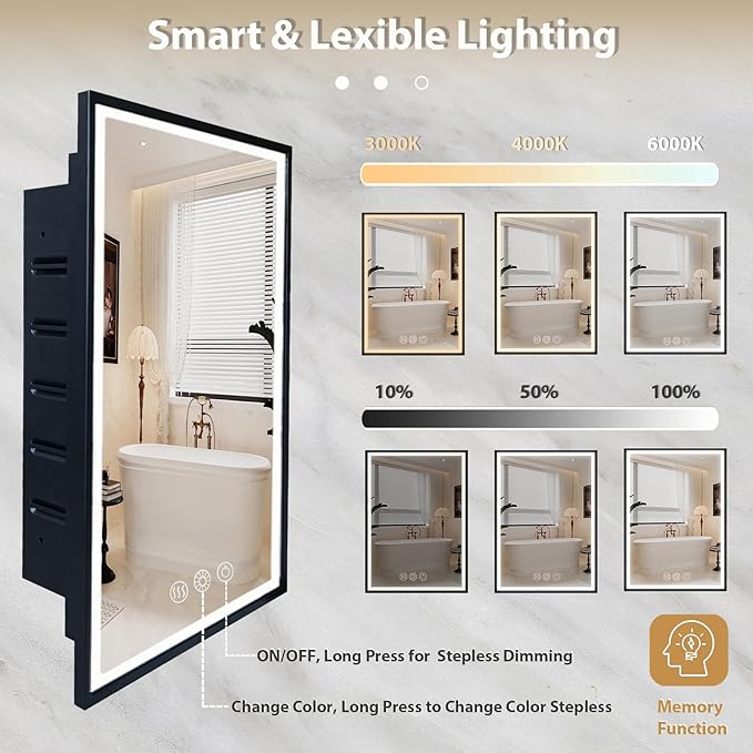 LED Lighted Medicine Cabinet with Mirror, Recessed or Wall Mounted Bathroom Mirror with Storage, Anti-Fog, 3-Color Dimming, Adjustable Shelves, Black Metal Frame - 14x18 inch