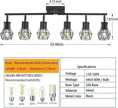 Matte Black Ceiling Mount Track Lighting 6-Light E26 for Kitchen | Matte Black 6-Light Farmhouse Track Lighting, Metal Cage, Adjustable Heads, E26 Base for Kitchen Bathroom Living Room