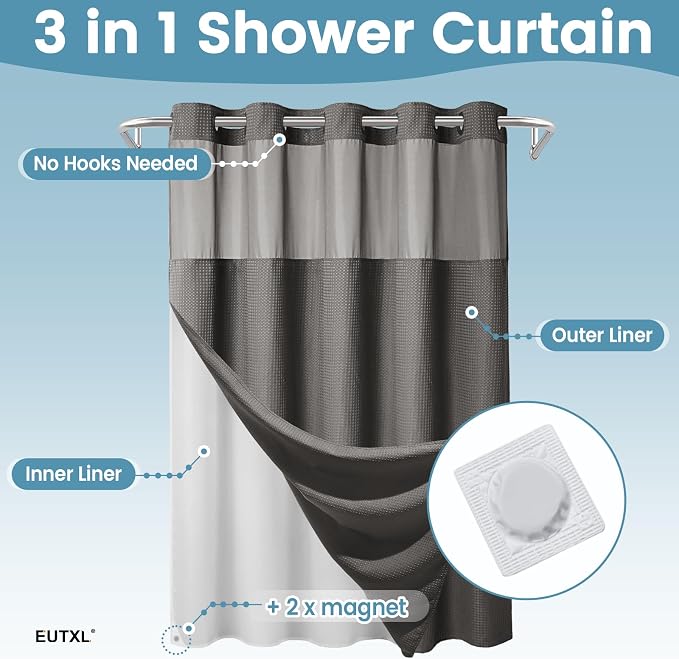 EUTXL Heavyweight No Hook Shower Curtain with Liner, Charcoal Grey,71x86 | Snap in Liner, 256GSM Thick Waffle Fabric, Hotel Luxury Spa, Corner Magnets, Quick Dry, Waterproof & Washable, Extra Long