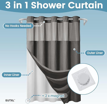 EUTXL Heavyweight No Hook Shower Curtain with Liner, Charcoal Grey,71x86 | Snap in Liner, 256GSM Thick Waffle Fabric, Hotel Luxury Spa, Corner Magnets, Quick Dry, Waterproof & Washable, Extra Long
